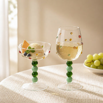 Polka dot ball stem wine glasses in green with dessert cup and goblet shapes