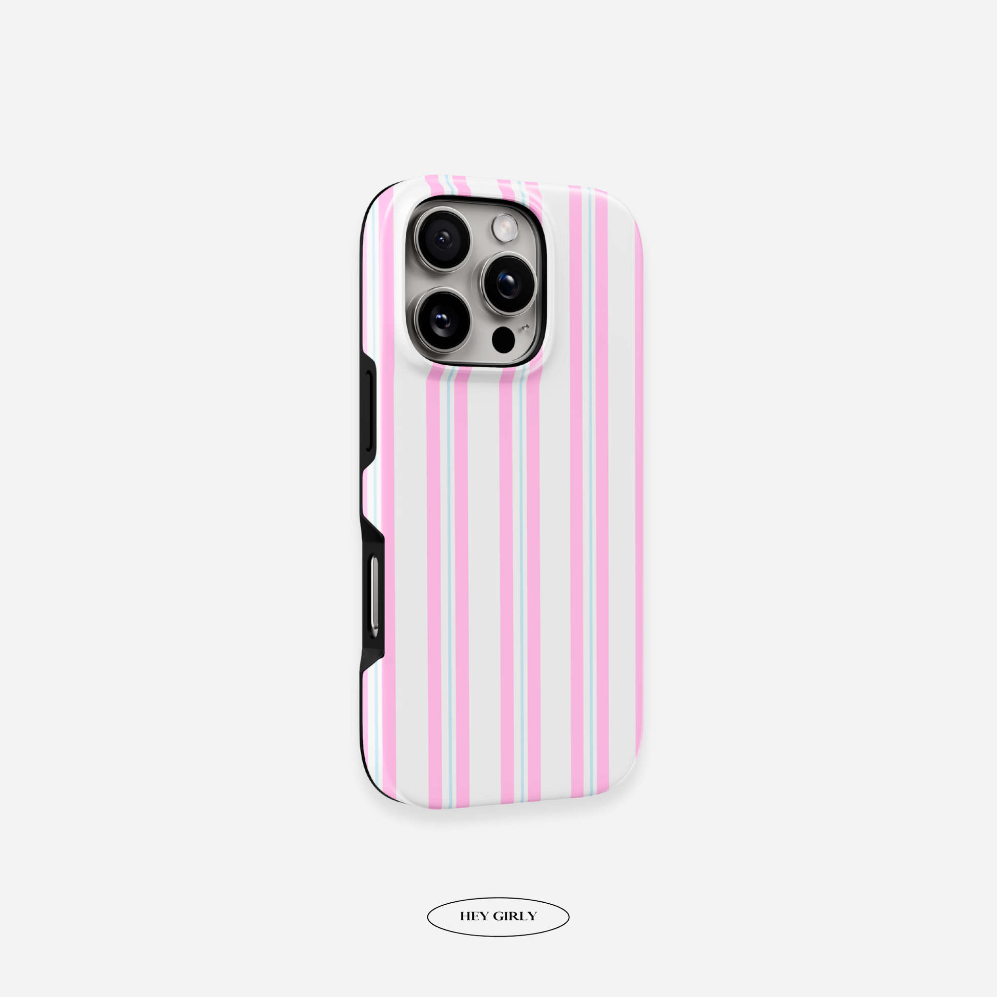 Phone case with pink and white vertical stripes on a white background