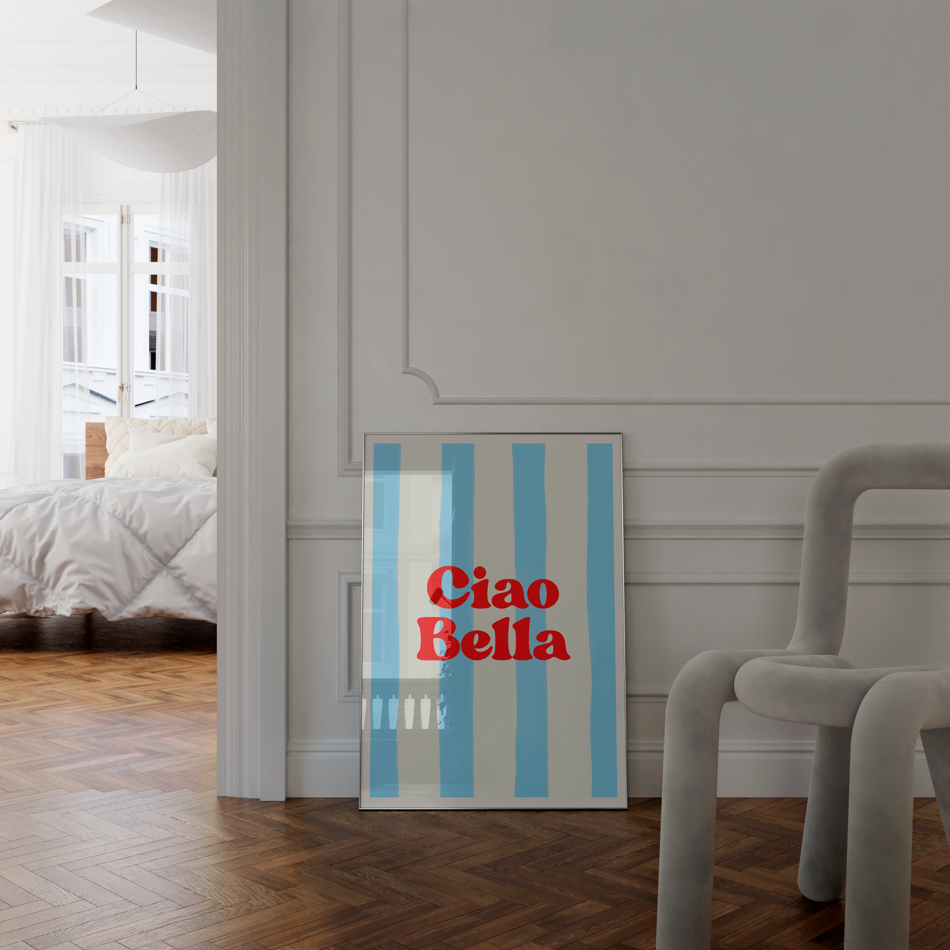 Trio of printable wall art for beachy bedroom decor — Ciao Bella, fish, and bikini.
