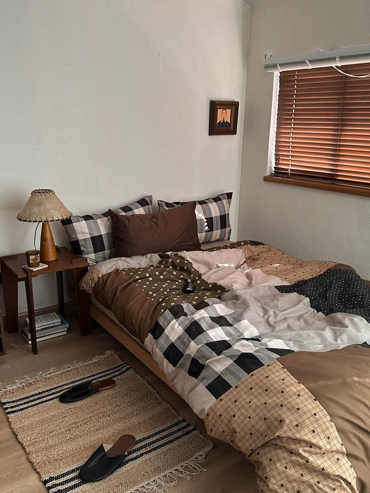Preppy brown duvet cover with cream and gray patterned sections