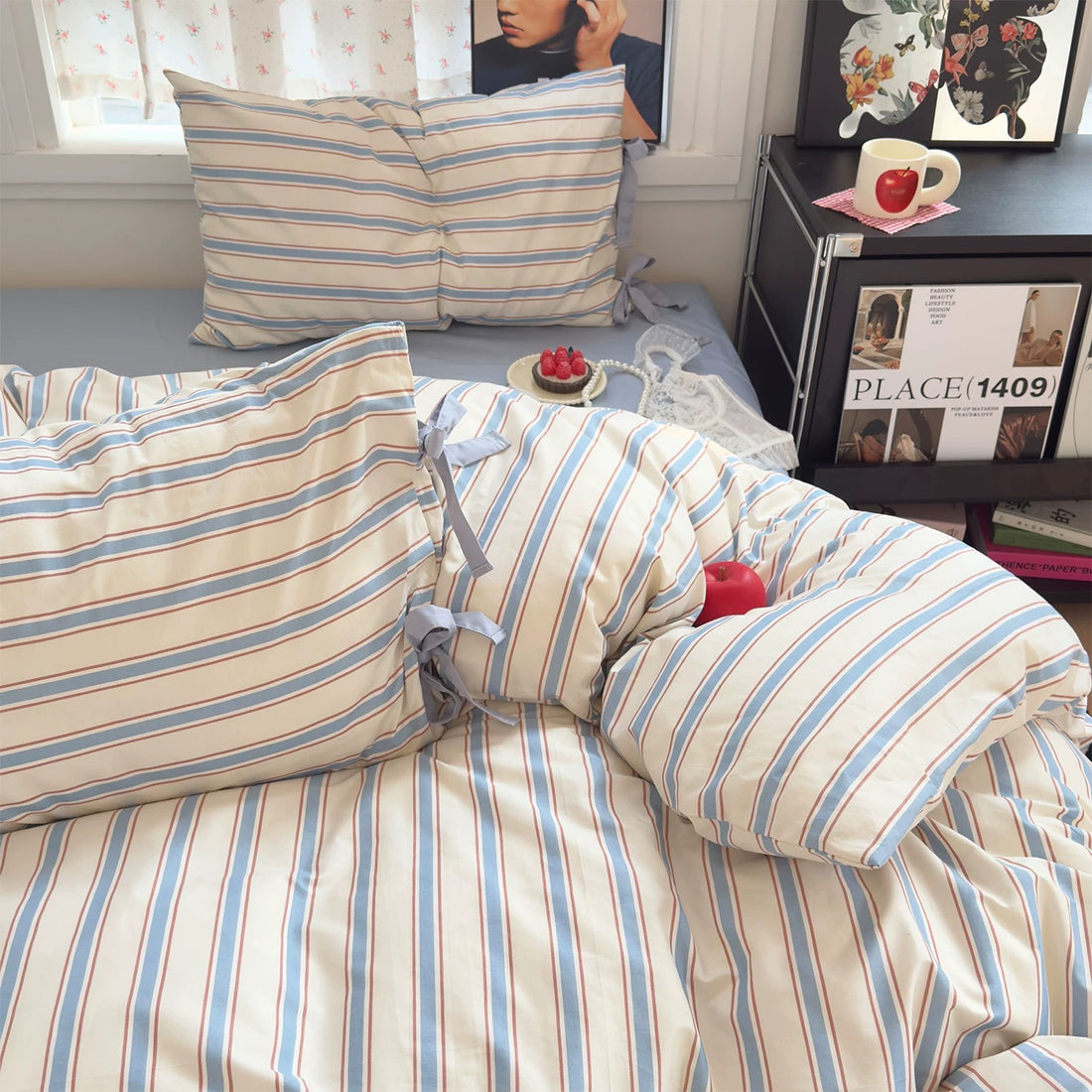 Blue and white duvet styled in Pinterest-inspired room