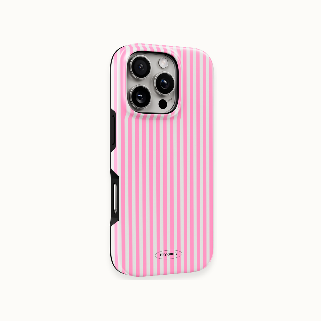 A pink and white vertically striped phone case with a small oval 'KEY GRAY' logo at the bottom, shown on a light off-white background.
