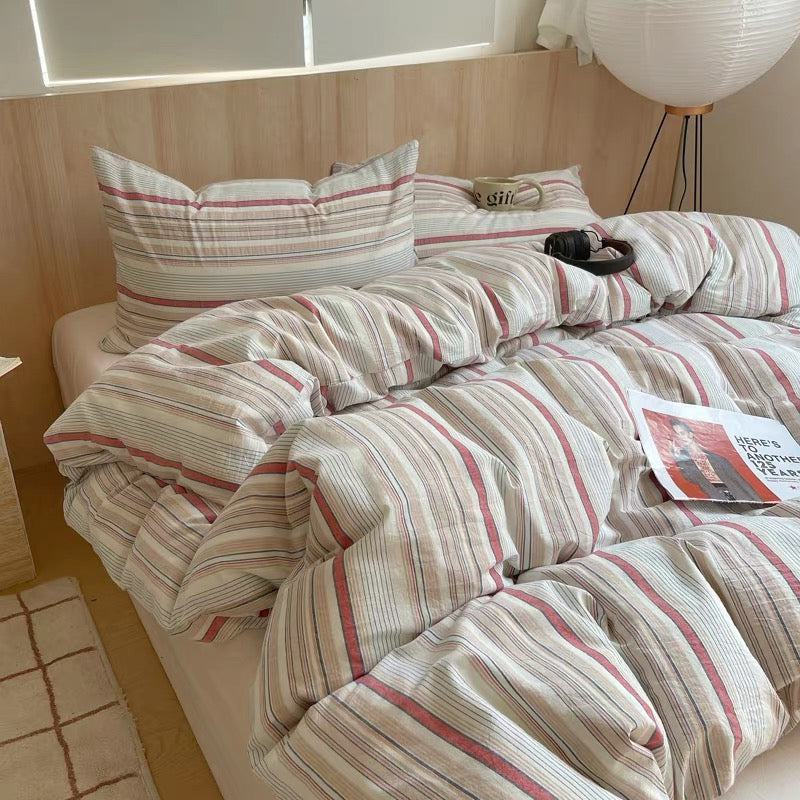 preppy stripe cotton bedding set neutral vintage bedroom
