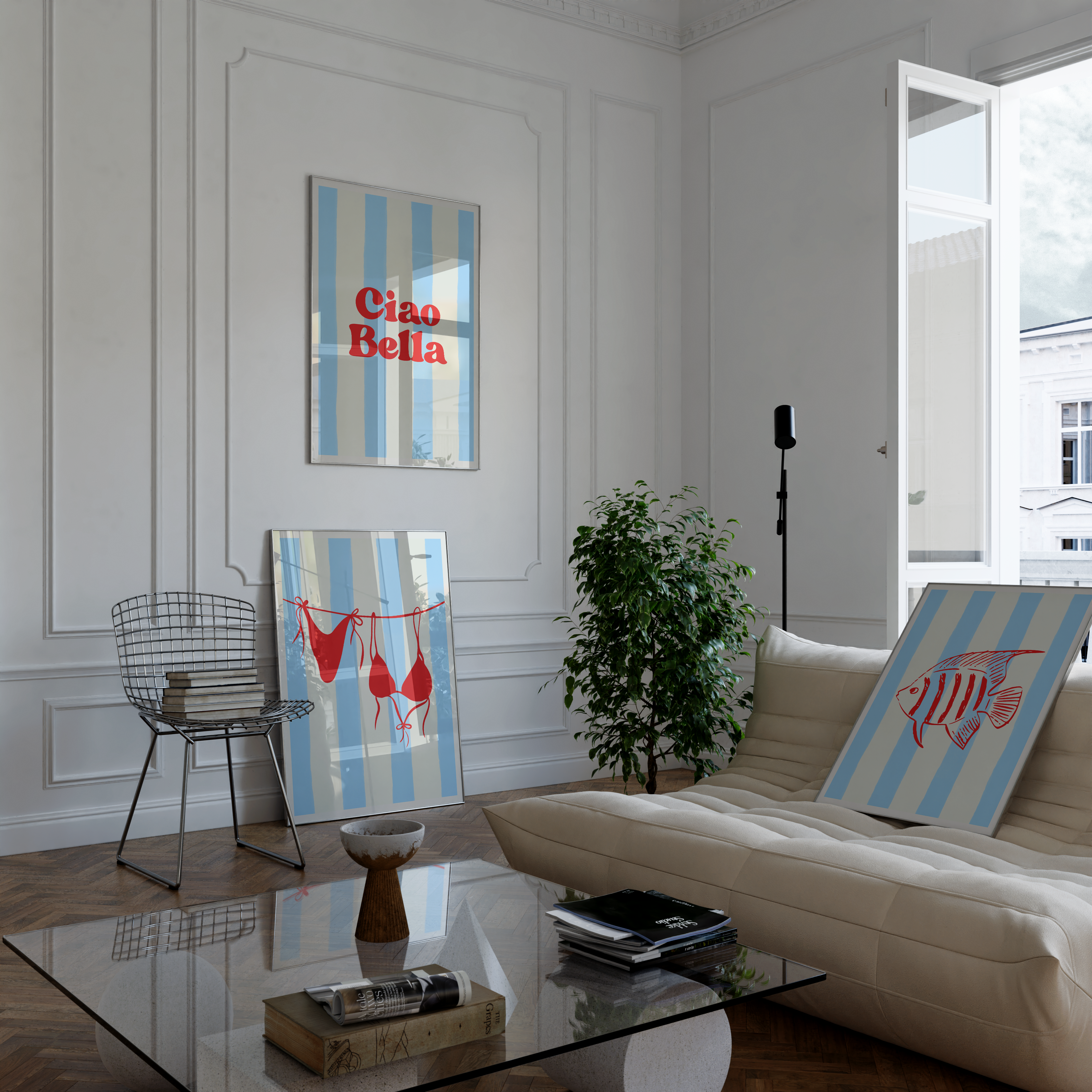 Ciao Bella quote art in retro preppy style with beach tones.