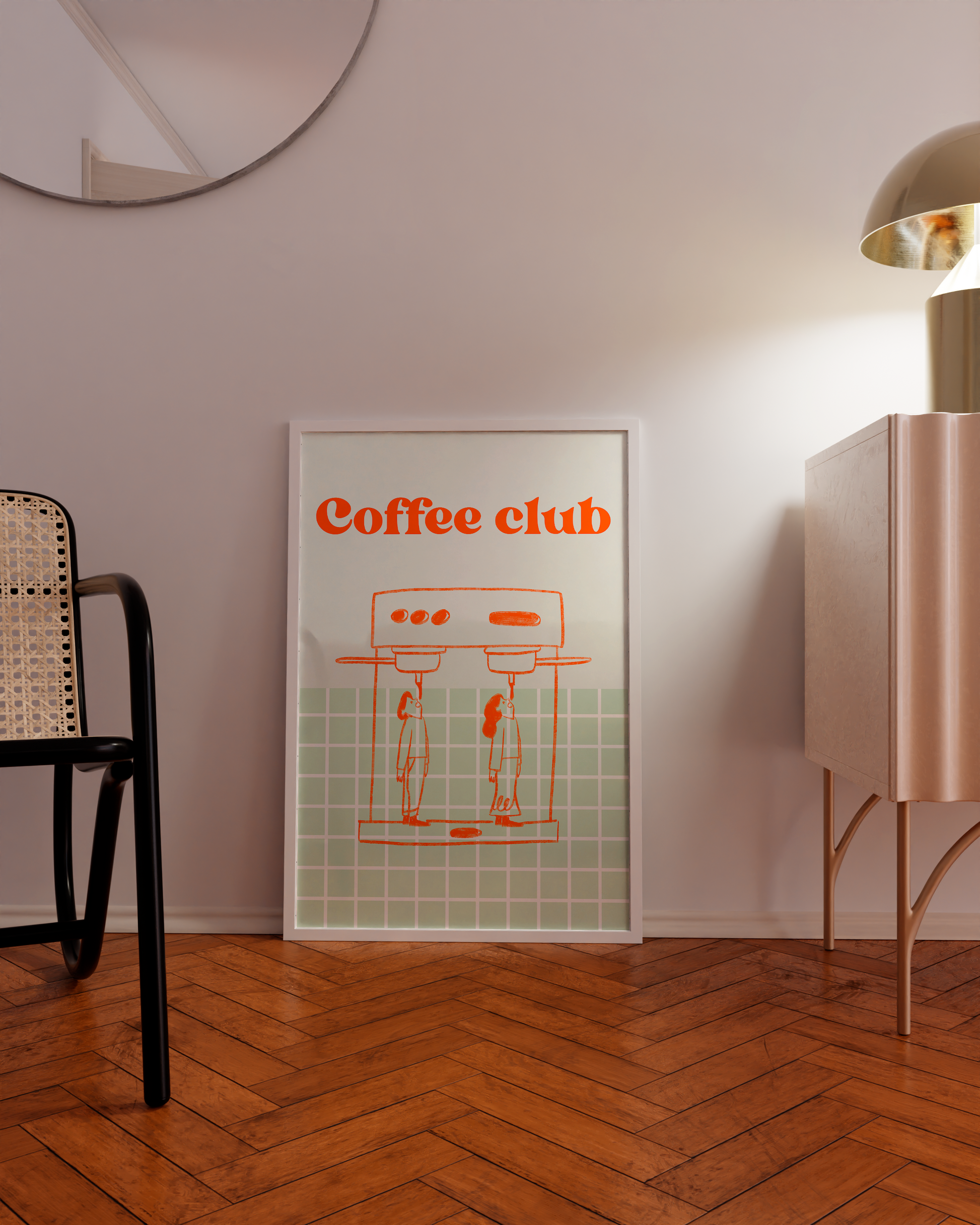 Orange moka pot wall art with Coffee Club typography