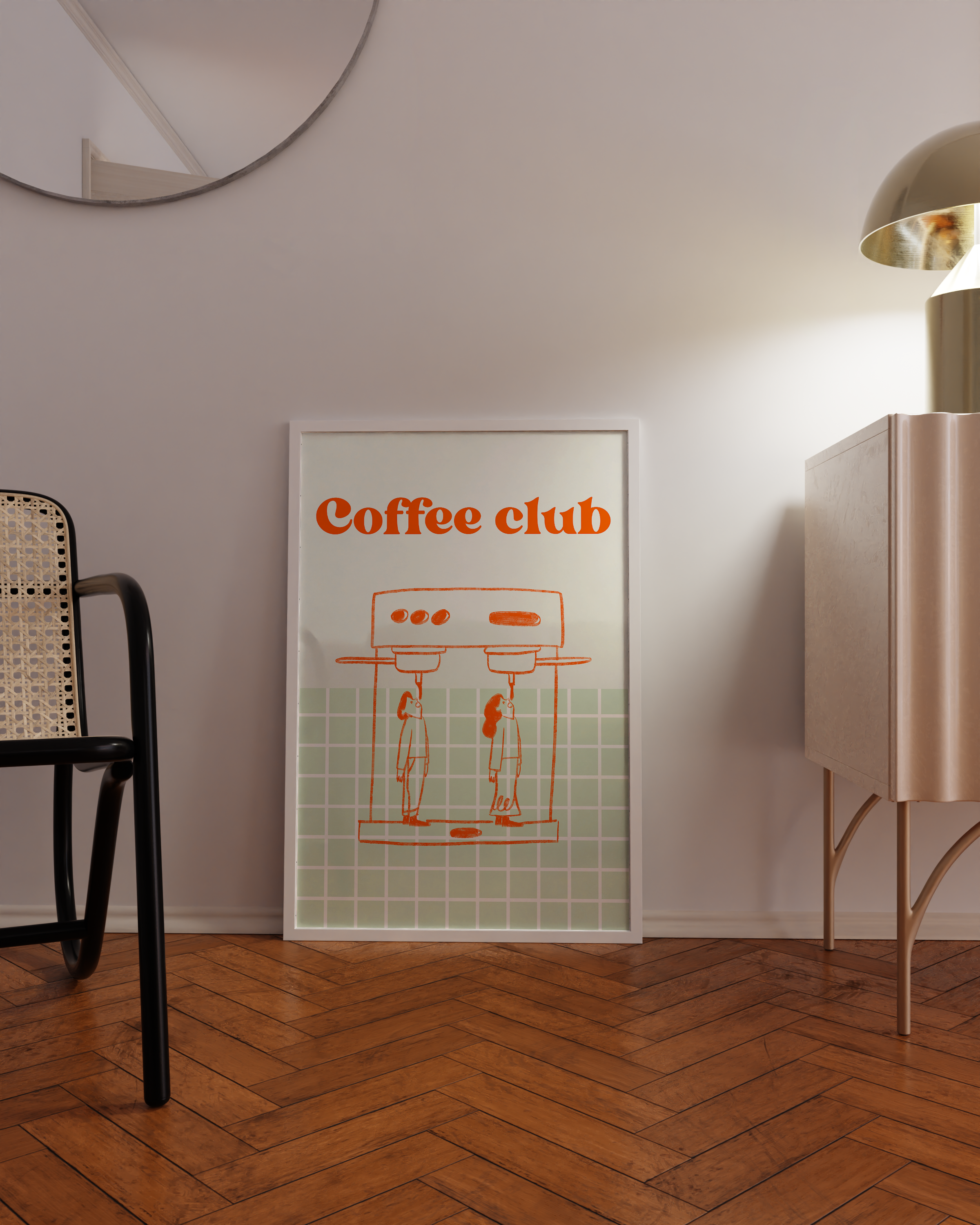 Orange moka pot wall art with Coffee Club typography