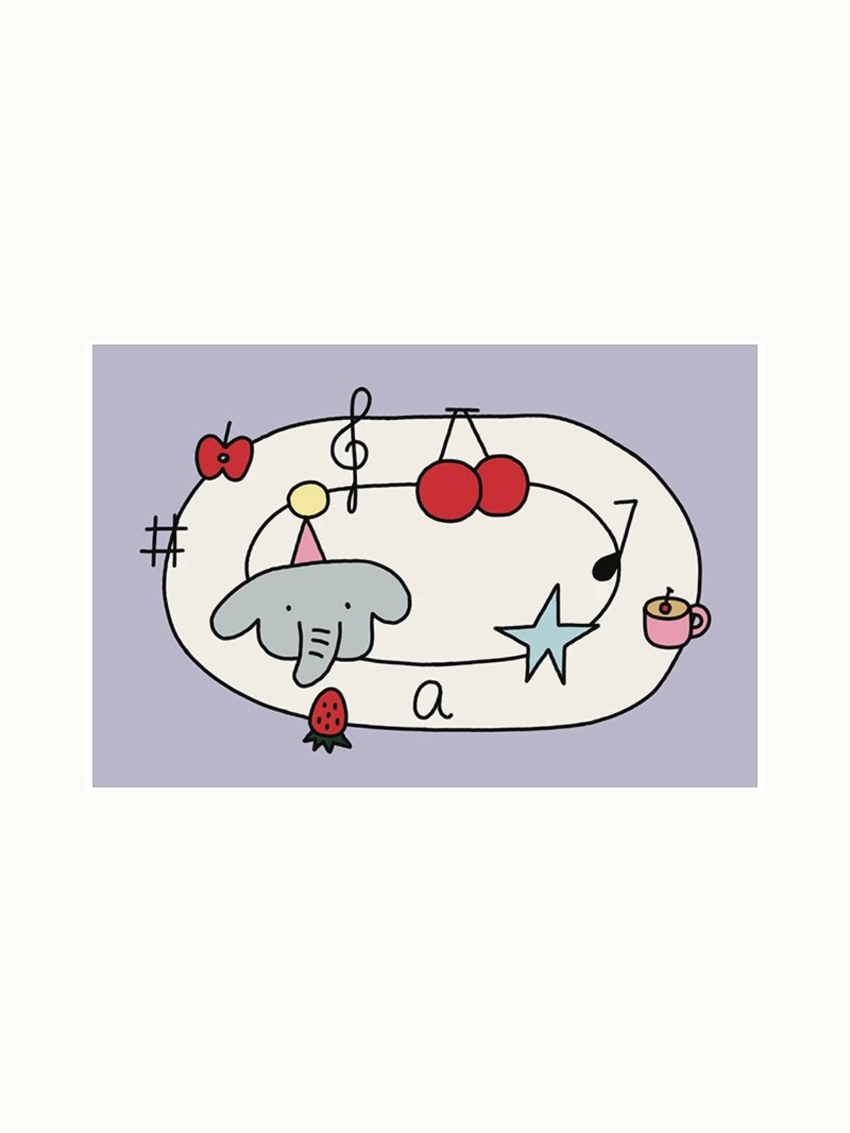 A purple cartoon animal rug design shows a cream oval with cherries, an elephant, musical notes and a star.