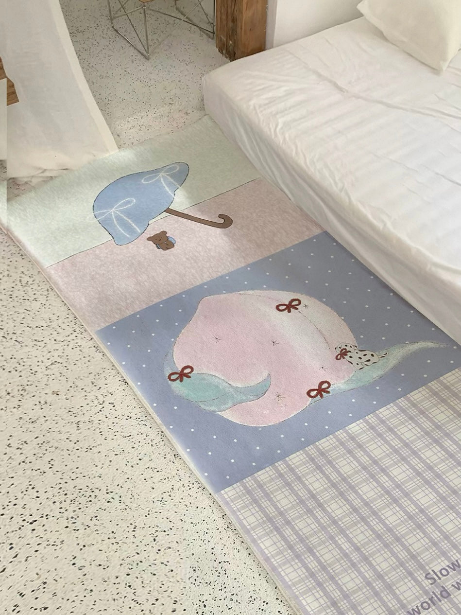 A purple plaid runner rug stretches beside a bed, with a pink peach and blue umbrella in separate panels.
