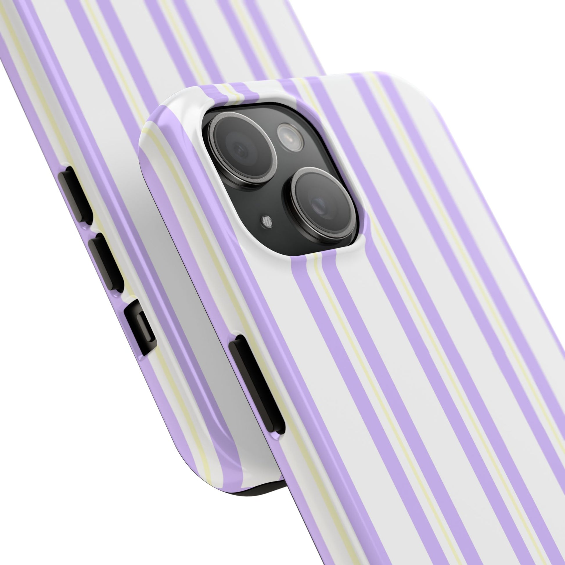 Phone case with purple and white striped design on a white background