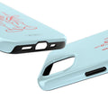 Light blue phone case with red text on a white background