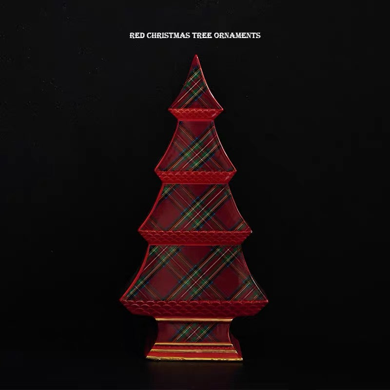 A red ceramic Christmas tree shows diagonal plaid panels, raised tier edges and gold colored trim around the base.