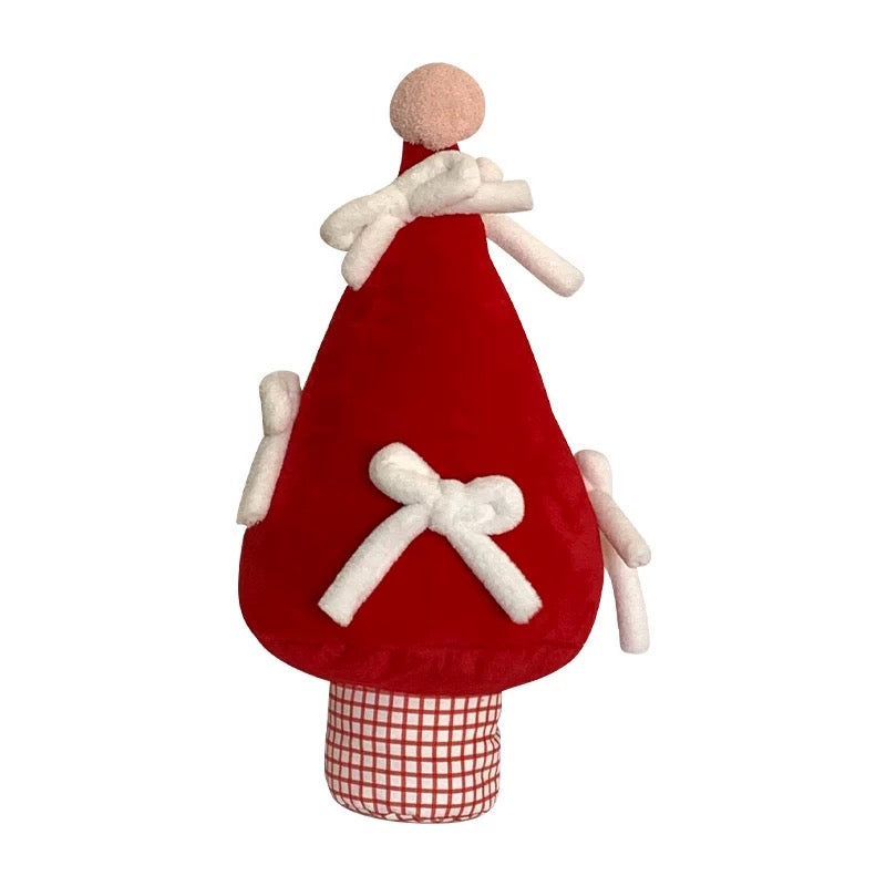 Red Christmas tree pillow with white plush bows and red checked base