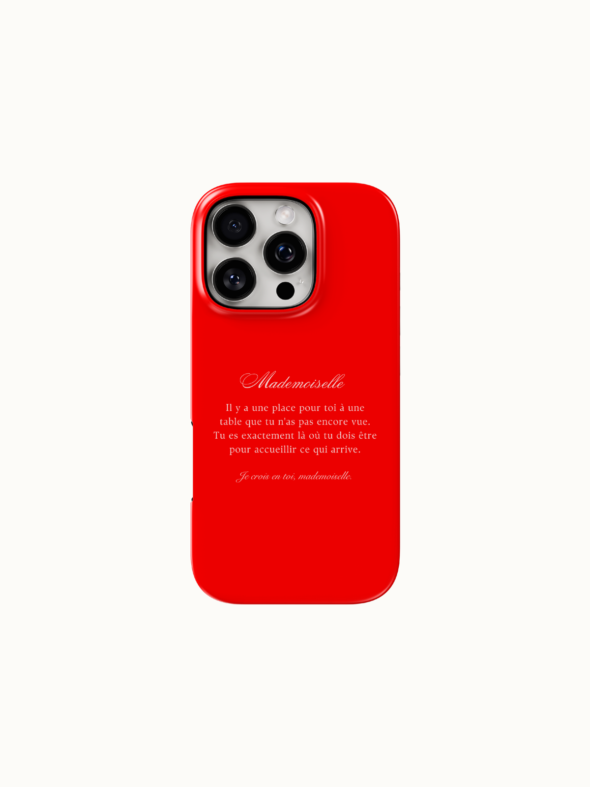 Red phone case with white Mademoiselle French poem, back view on an iPhone, The Feelz