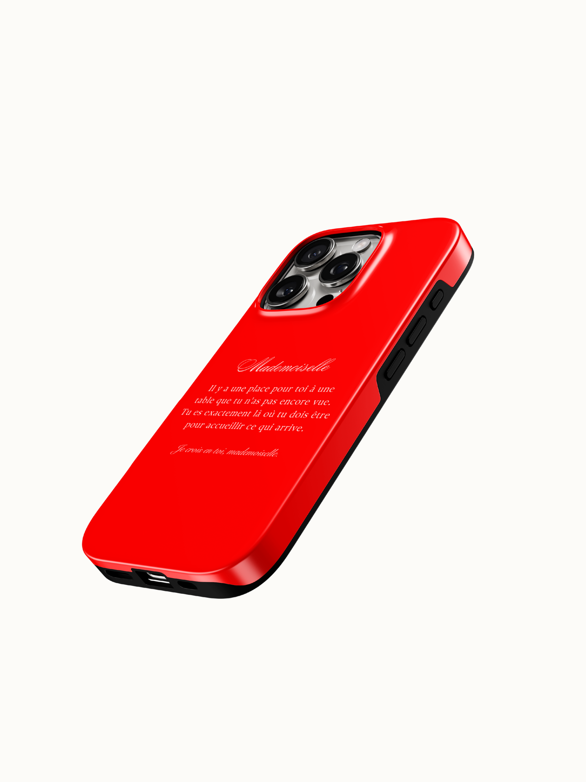Red phone case close up of the white Mademoiselle French poem print, glossy French girl aesthetic case from The Feelz