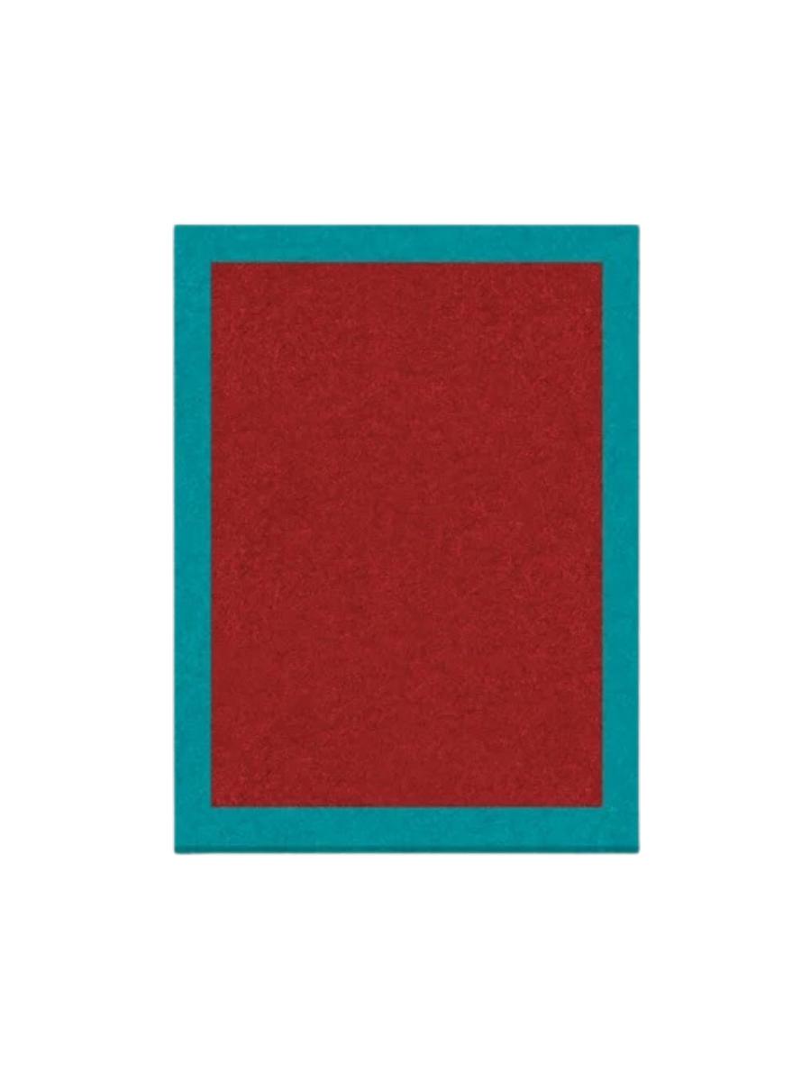 Red and teal decorative felt pin board.