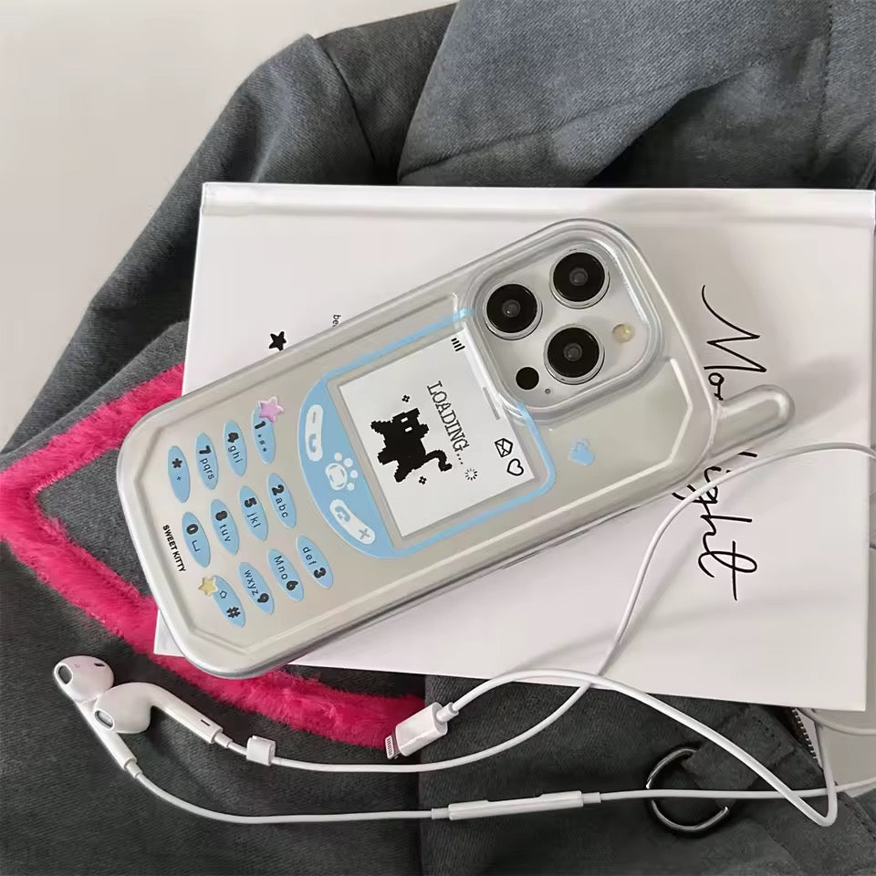 Phone case with cartoon design on a gray surface with earphones