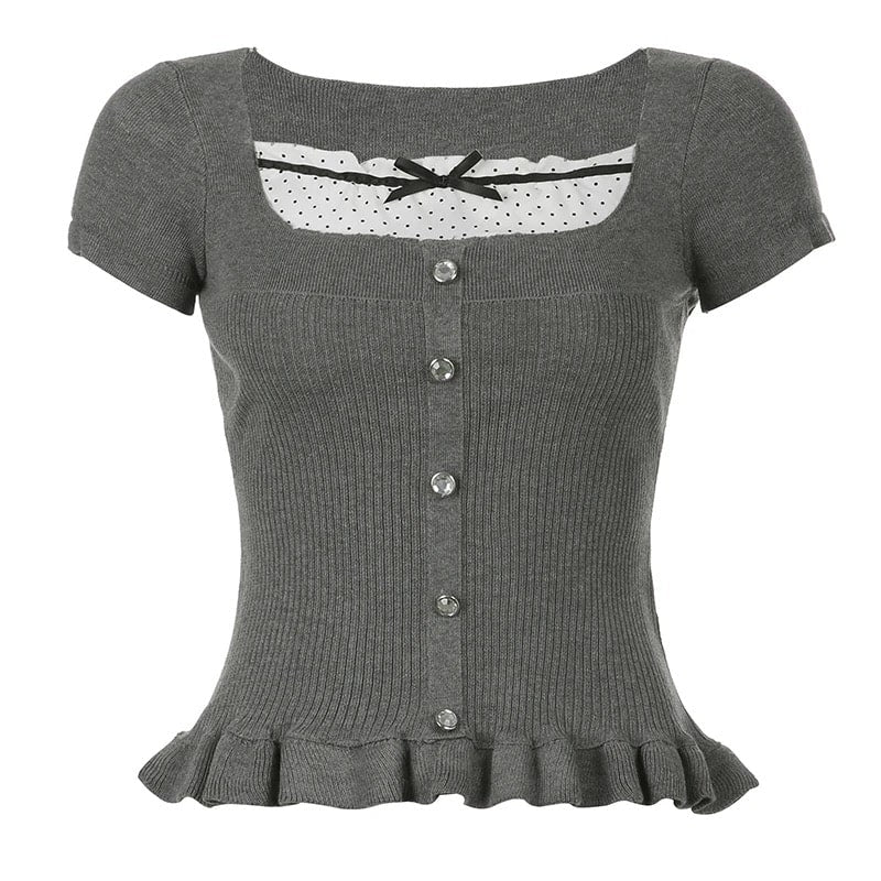 Retro Y2K crop top with button-up design and ribbon details. Stylish gray T-shirt with ruffles, puff sleeves, and slim fit.
