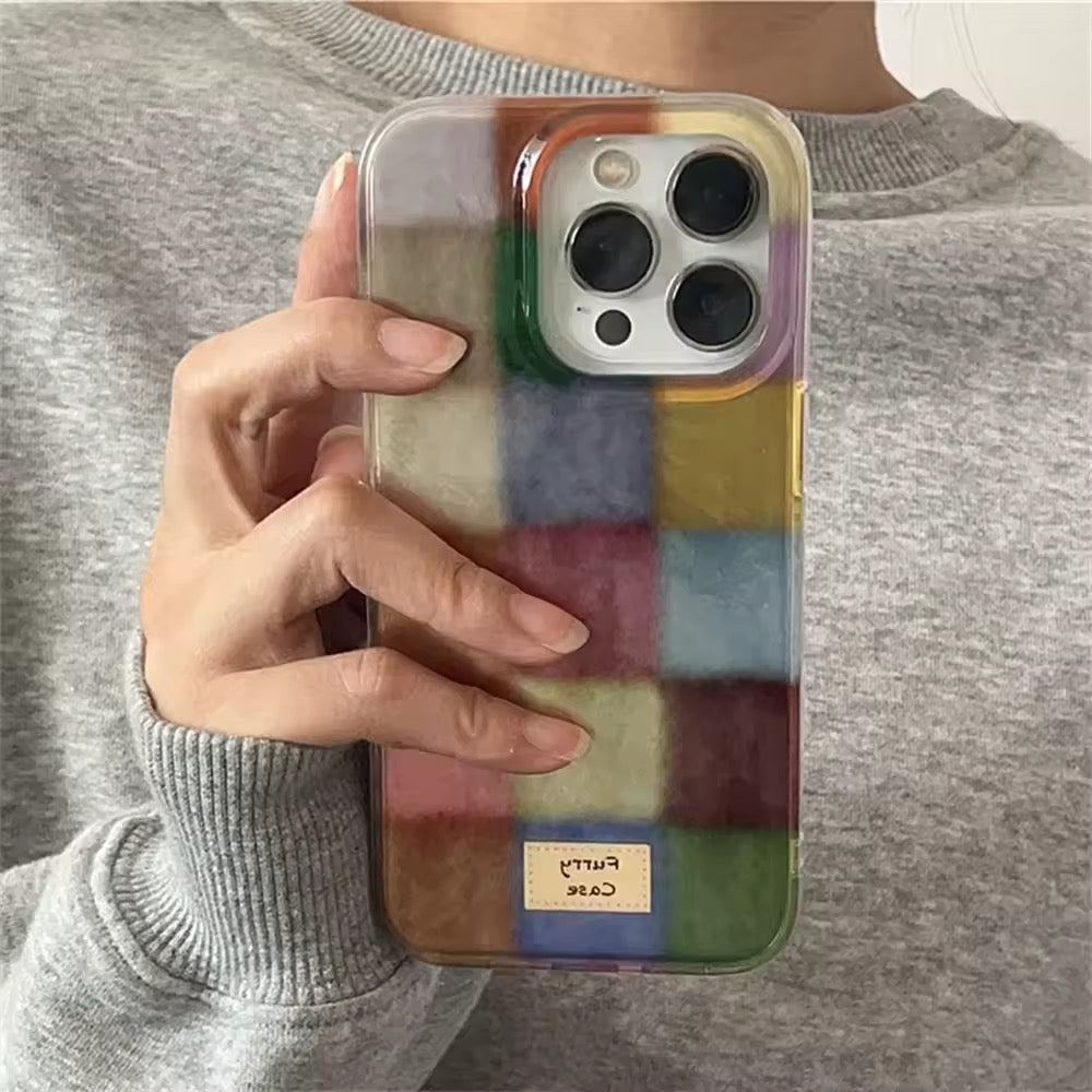 Retro color block iPhone case with colorful checkered design