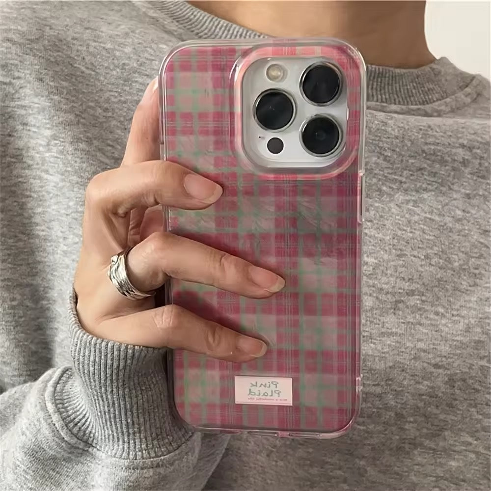 Retro grid iPhone case with a cute pink plaid aesthetic design