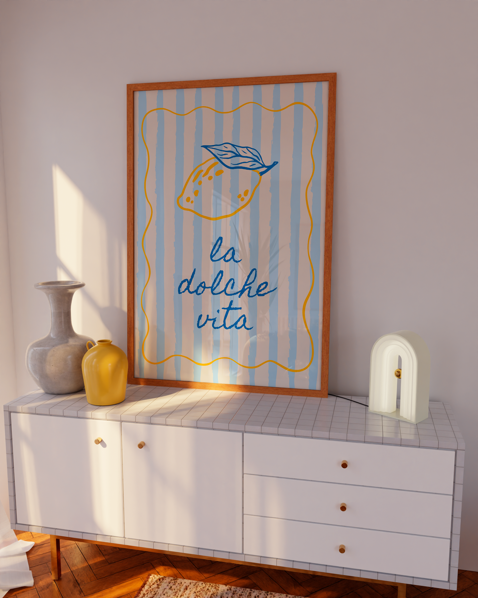 Kitchen printable with lemon and “Ciao Bella” in retro European style