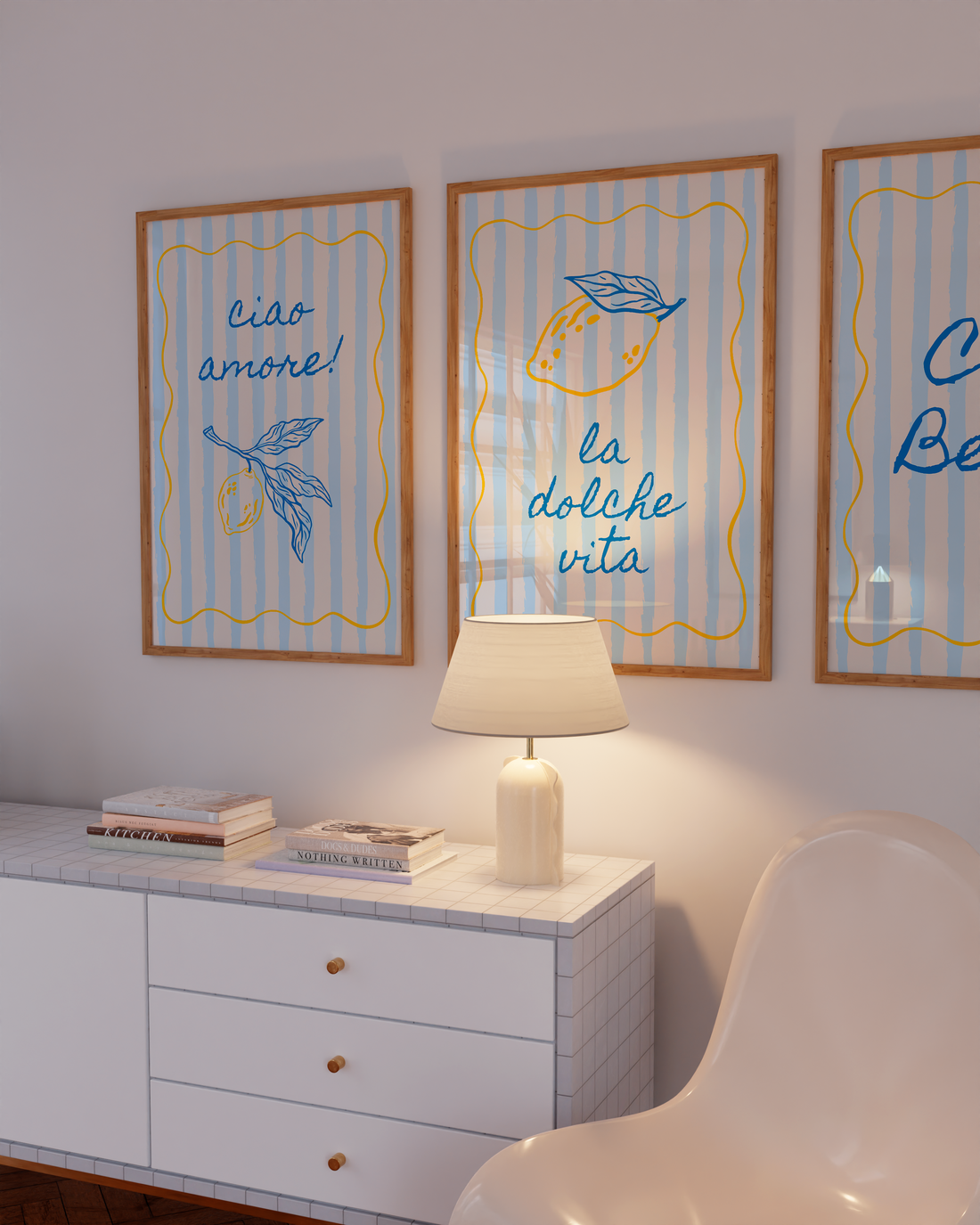 Retro printable poster with lemon and blue stripes, styled for Italian kitchen wall art