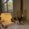 Retro pink mushroom lamp with striped design for aesthetic bedroom decor