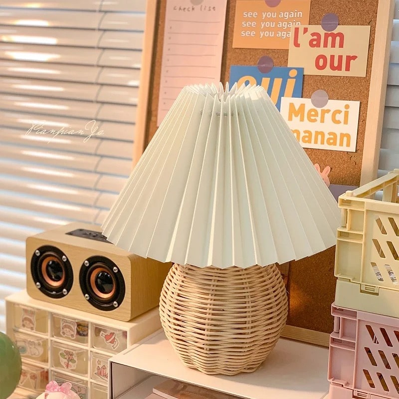 Vintage Rattan Pleated Table Lamp – Nordic Home Decor