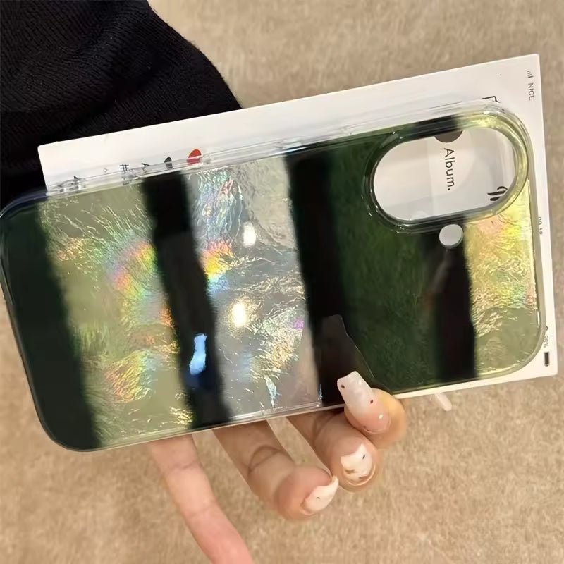 Phone case with green and black striped pattern on a white background