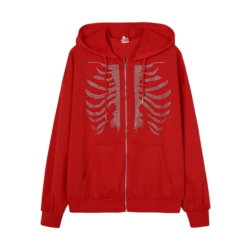 Black rhinestone skeleton hoodie zip-up women