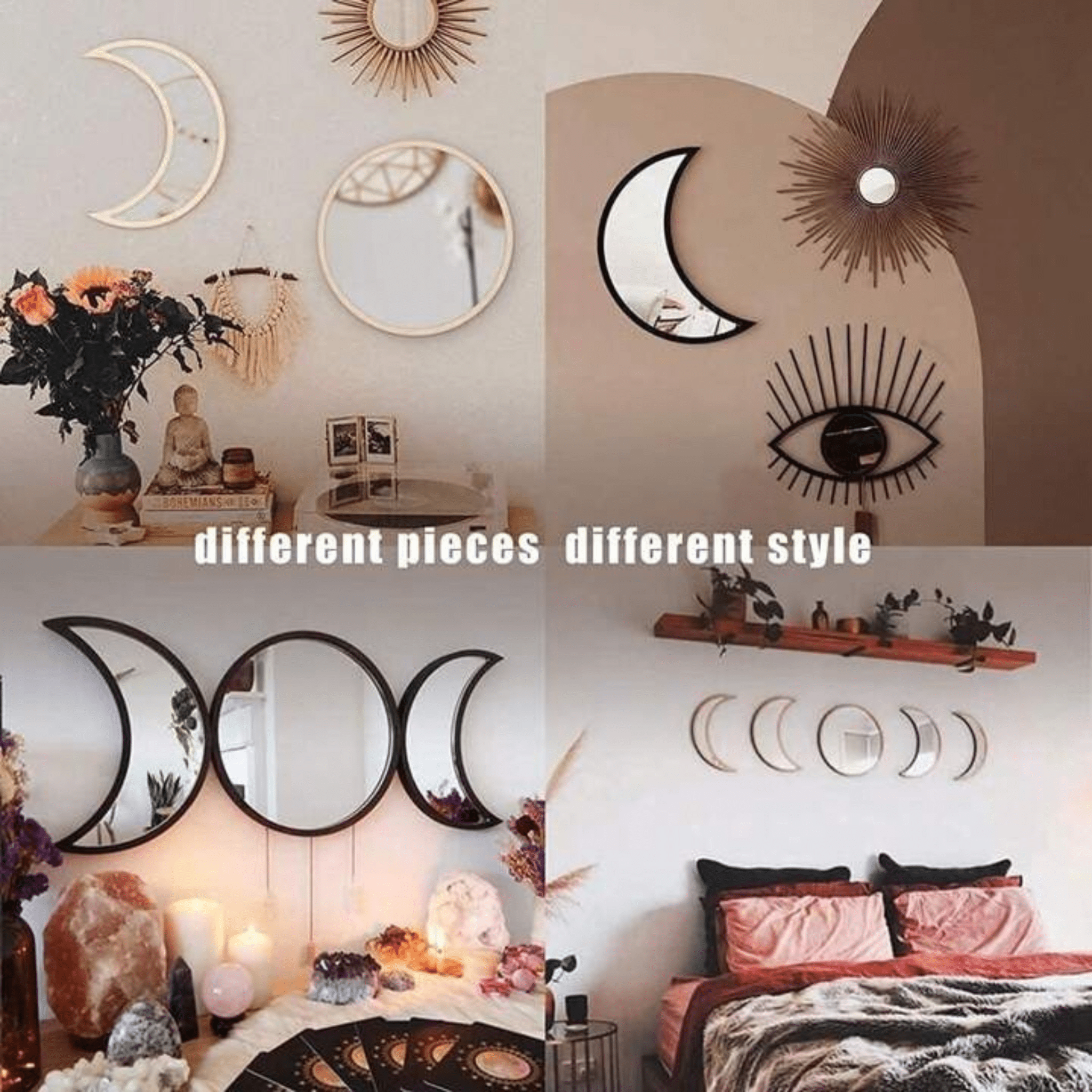 Minimalist Scandinavian room with natural light and moon phase mirror wall art
