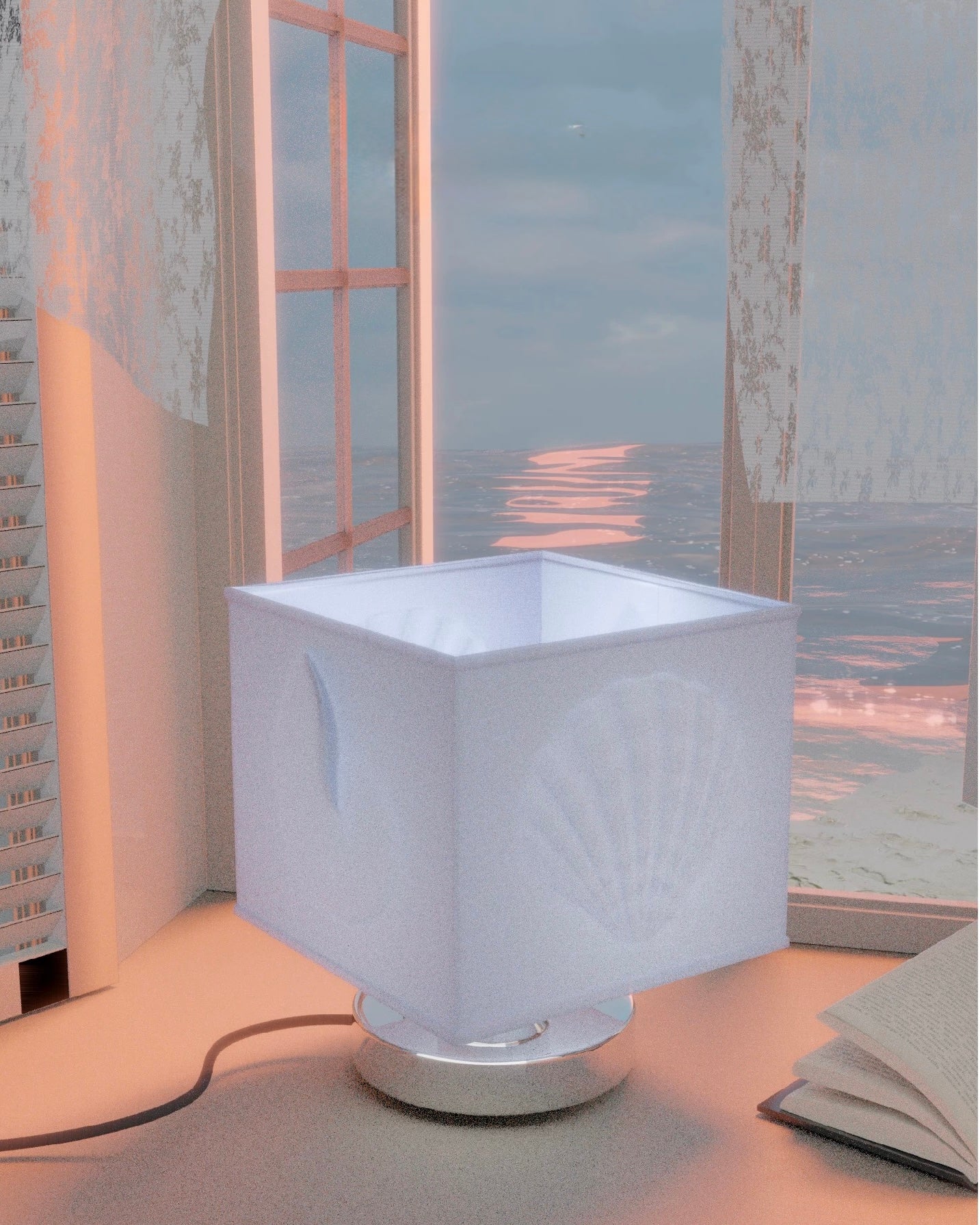 Square table lamp with white shade on a surface near a window with a view of water.