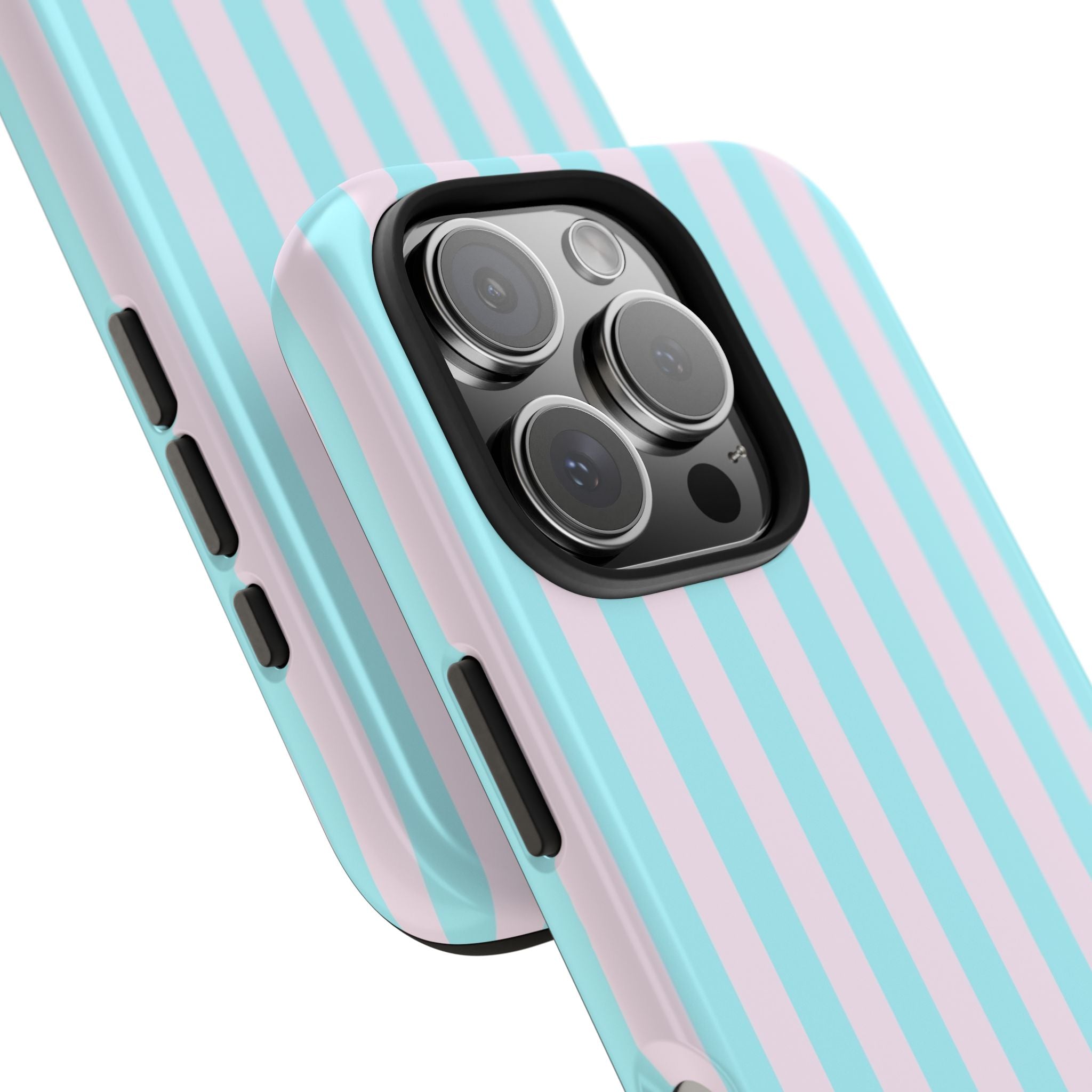 Phone case with blue and pink striped design on a white background