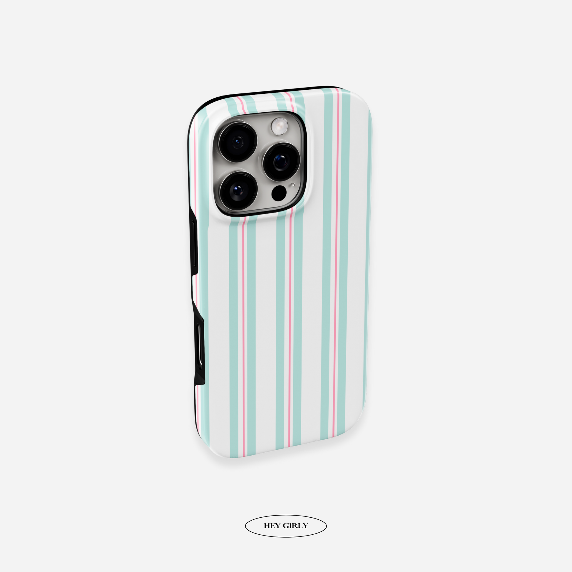 Detail view of the case’s glossy finish and mint‑blush stripes, ideal for fashion‑focused Instagram posts.
