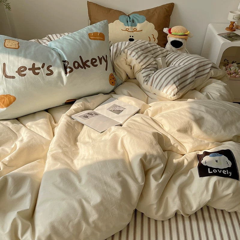 Close-up of kawaii dog embroidery on soft cotton duvet cover