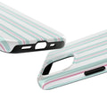Green and pink striped iPhone case on a study desk with pastel planners and dorm fairy lights for a Pinterest‑worthy scene.