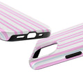 Two phone cases with pink and white striped design on a white background