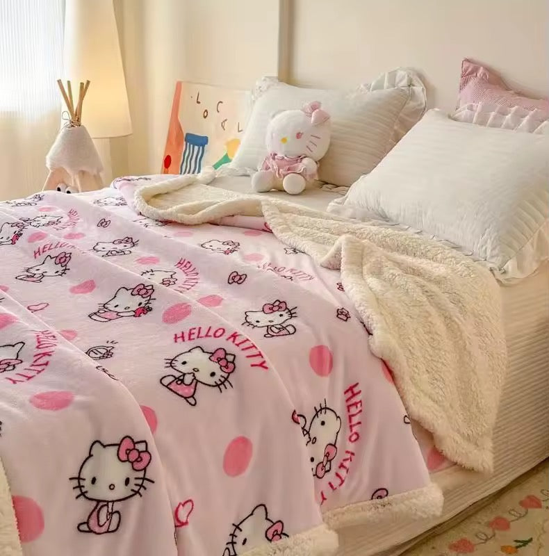Soft fleece throw blanket draped over couch with kawaii aesthetic