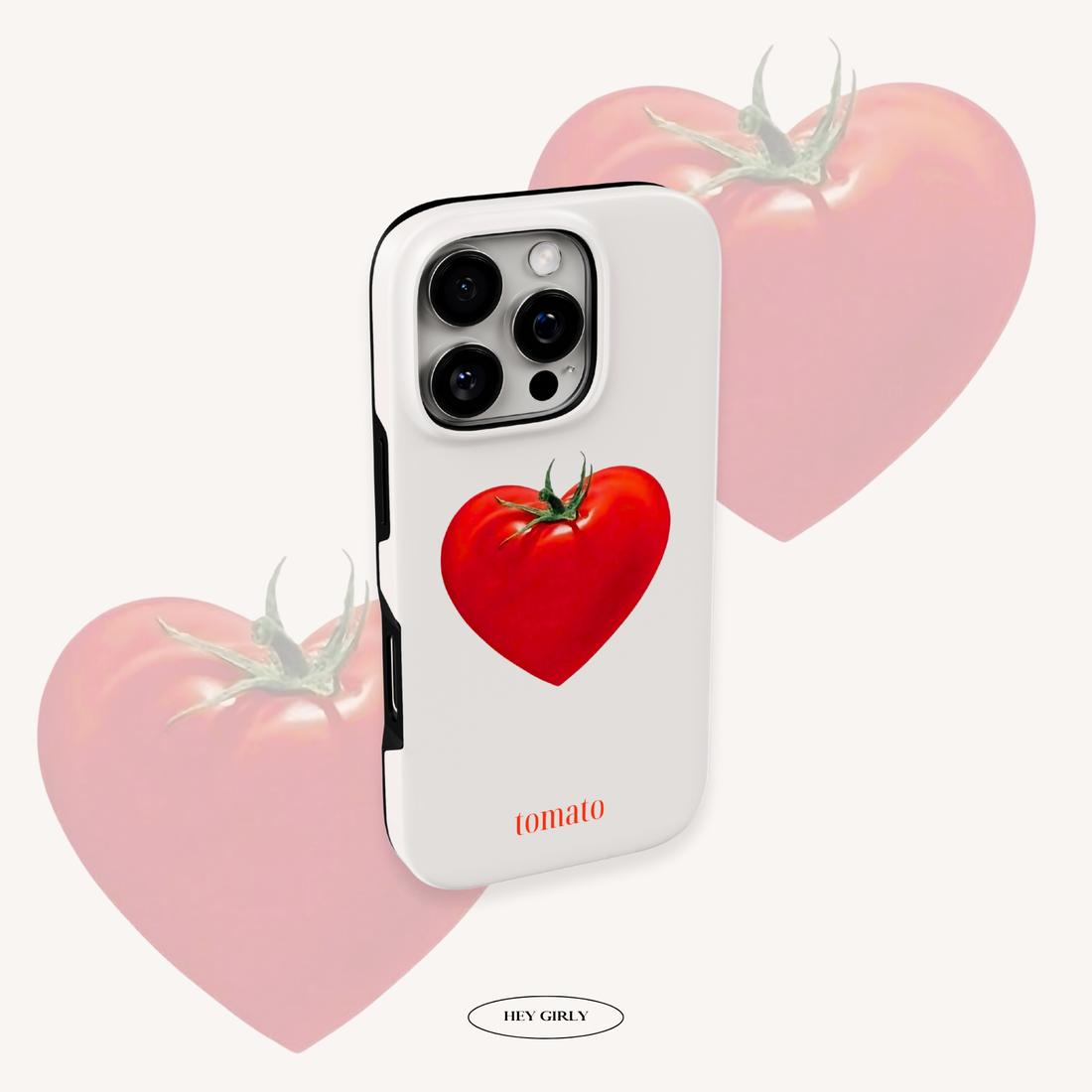 Phone case with a heart-shaped tomato design on a white background