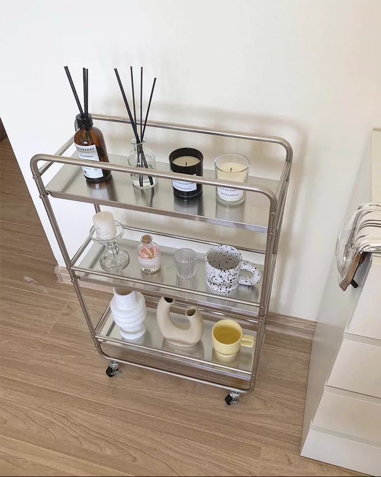 Stainless steel bar cart with wheels placed in living area with plants and decor.