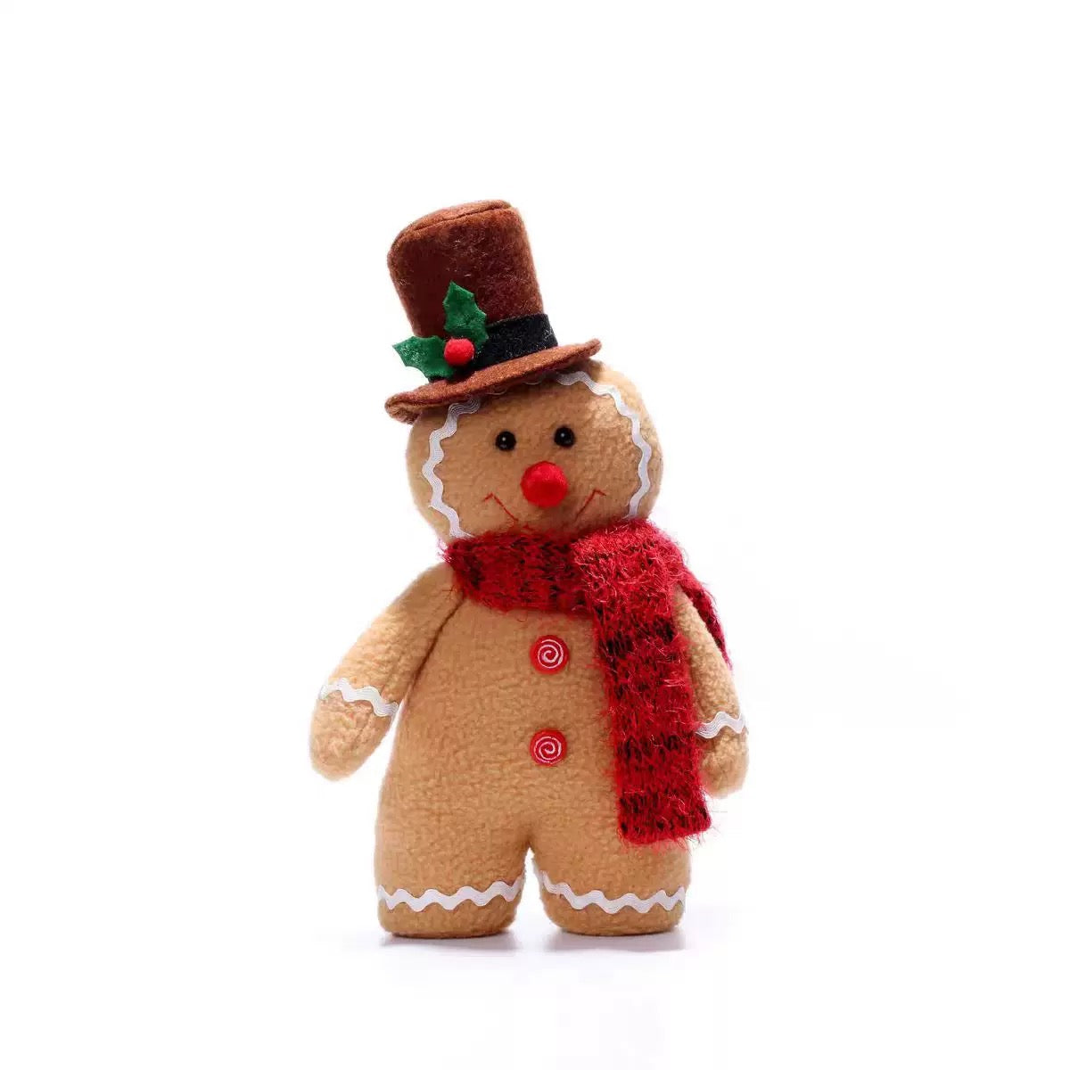 A standing gingerbread man doll is shown from the front with a brown top hat, red scarf and white icing trim.