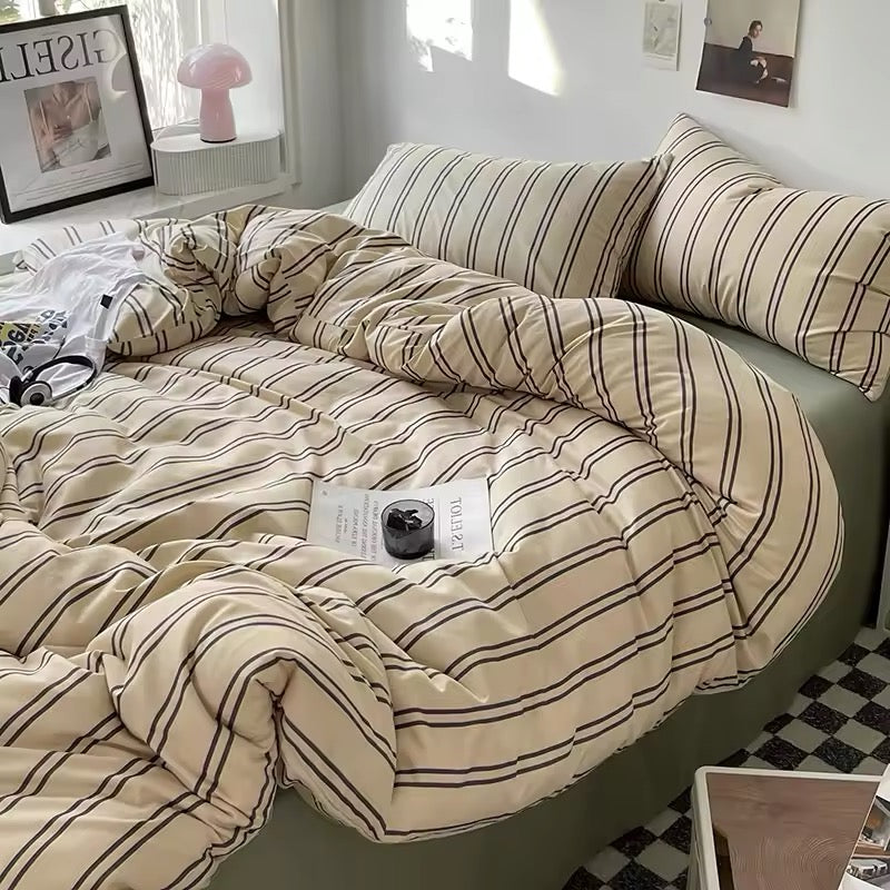 Retro Striped Bedding Set with Cotton Duvet Cover and Pillowcase