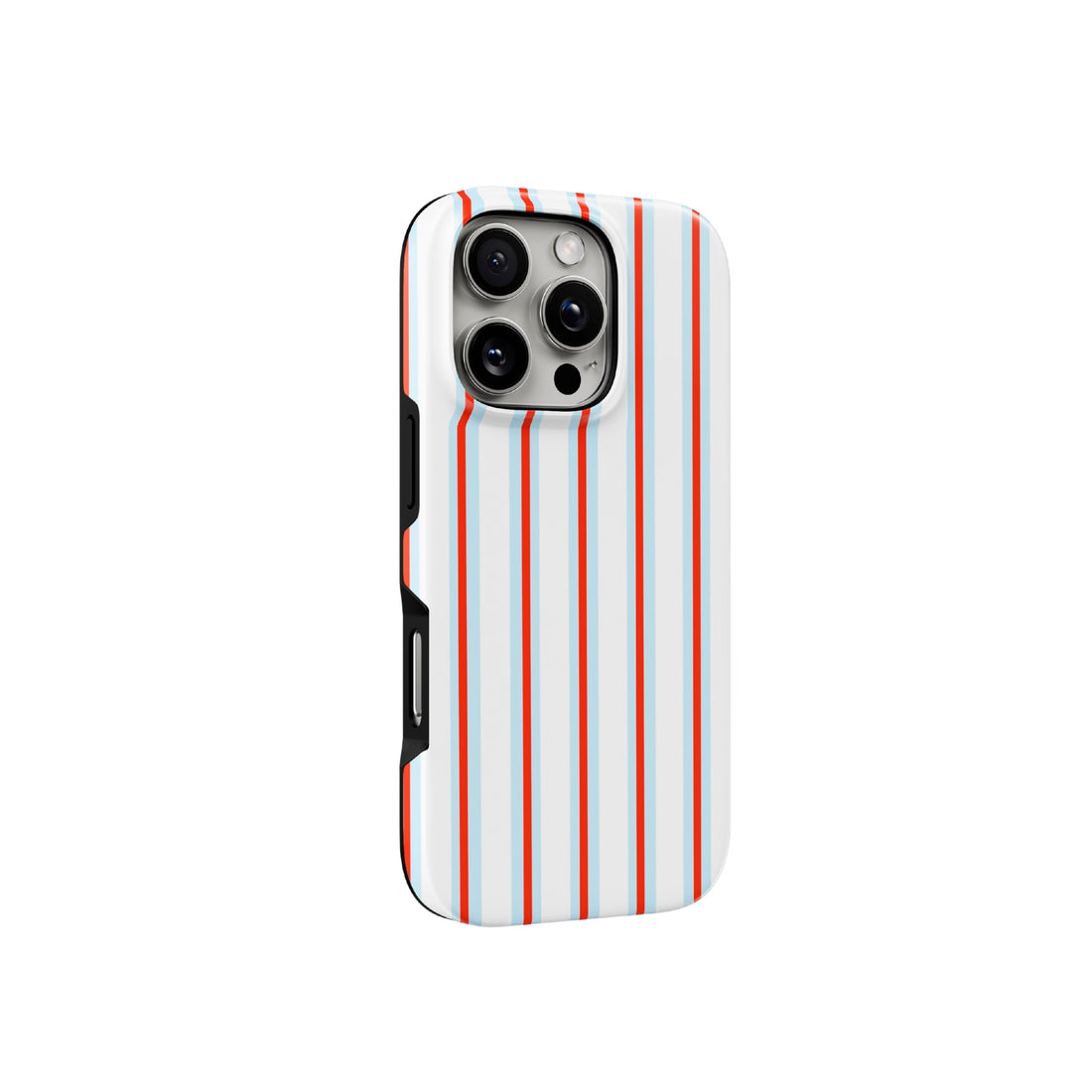 Phone case with red and blue vertical stripes on a white background