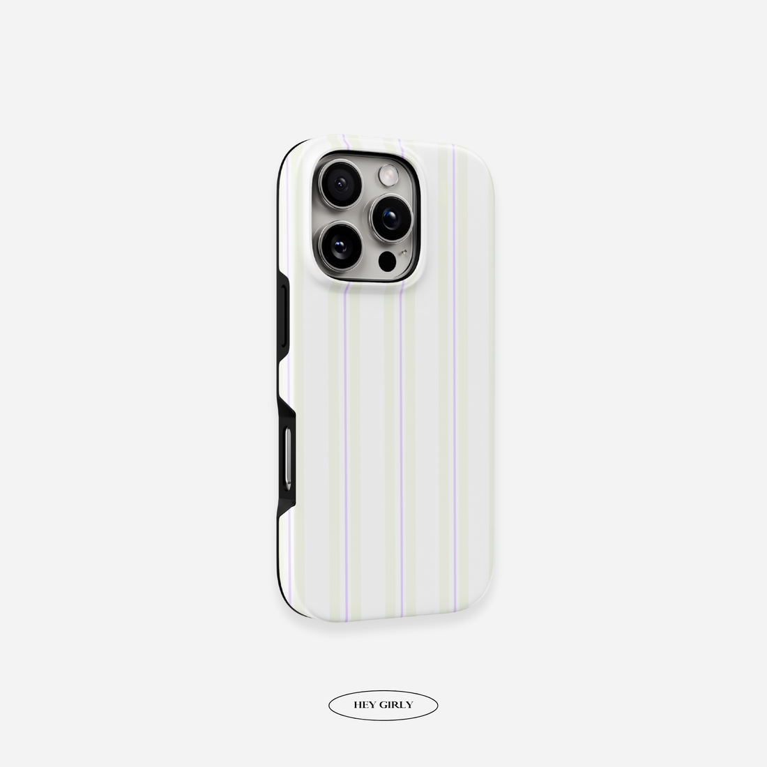 Striped iPhone case in beige and purple. Glossy, cute, and soft girl aesthetic ready.