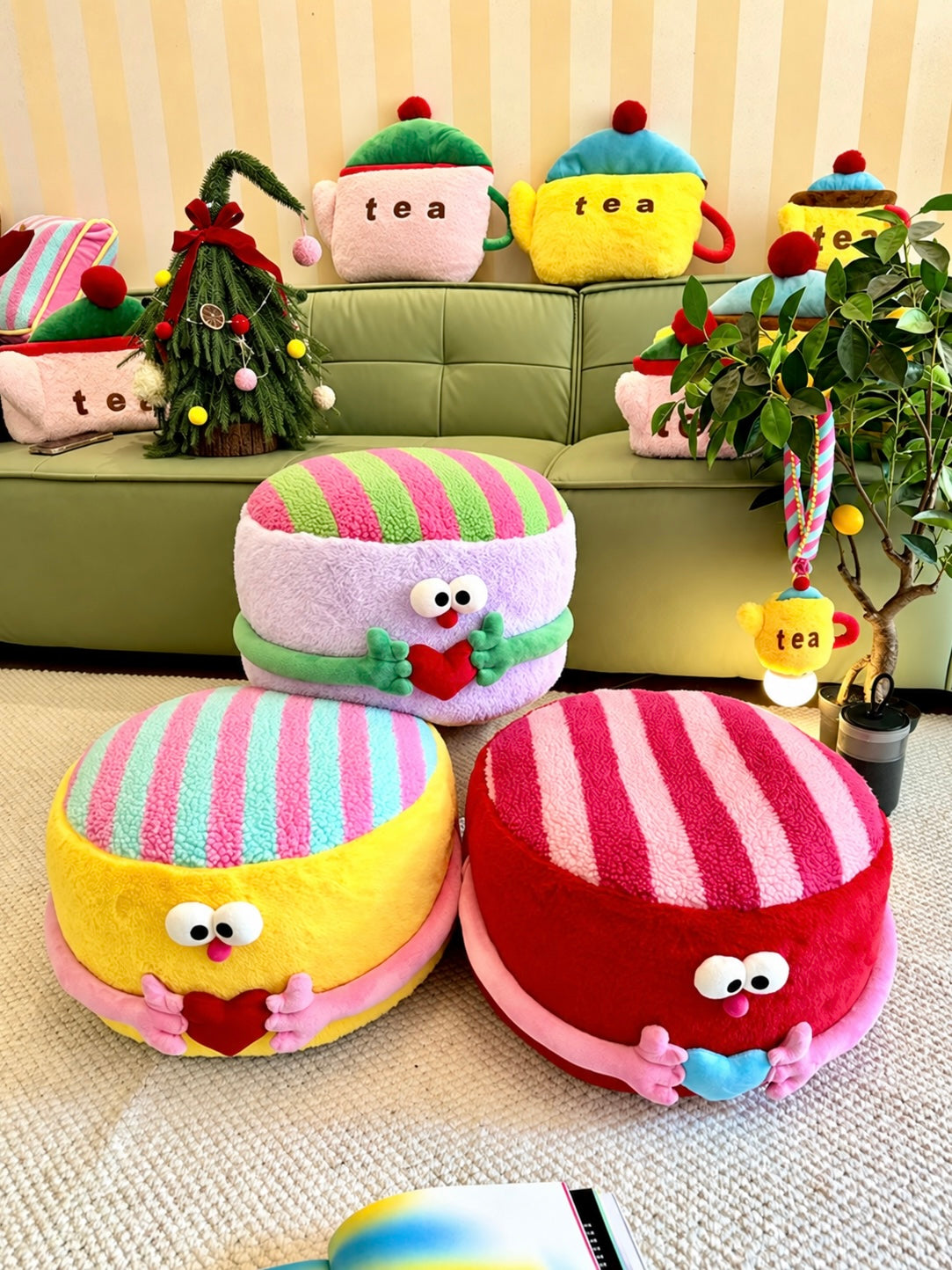 Striped ottoman color options in red, purple, and yellow