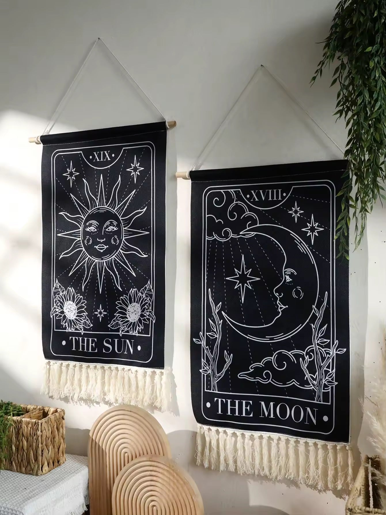 Bohemian tarot-style linen tapestries in white with black line illustrations for witchy rooms.