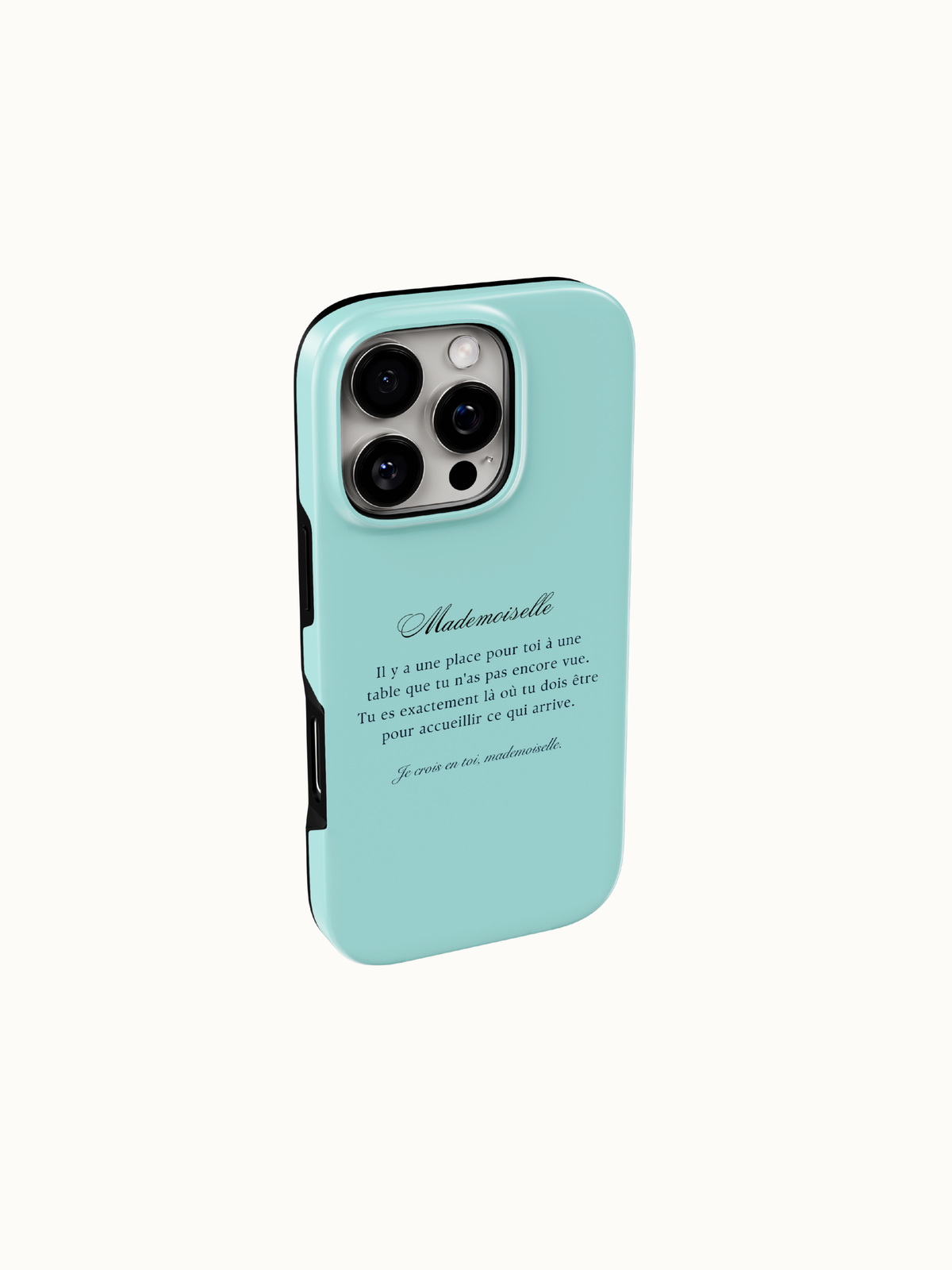 Teal phone case back view with camera cutout, fits iPhone 11 to 17, French girl aesthetic teal iPhone case, The Feelz