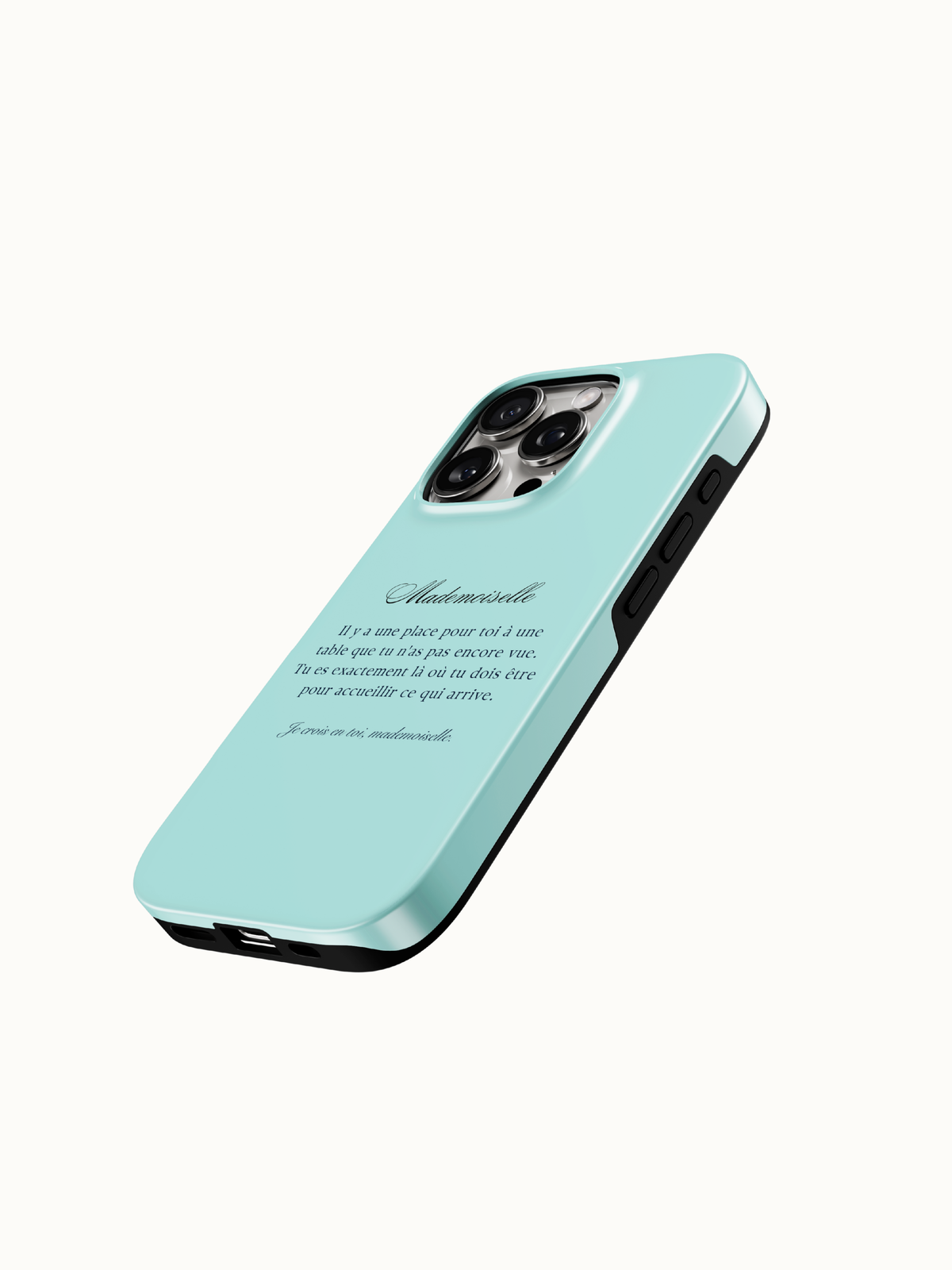 Teal phone case close up of the Mademoiselle French poem print, glossy French girl aesthetic case from The Feelz