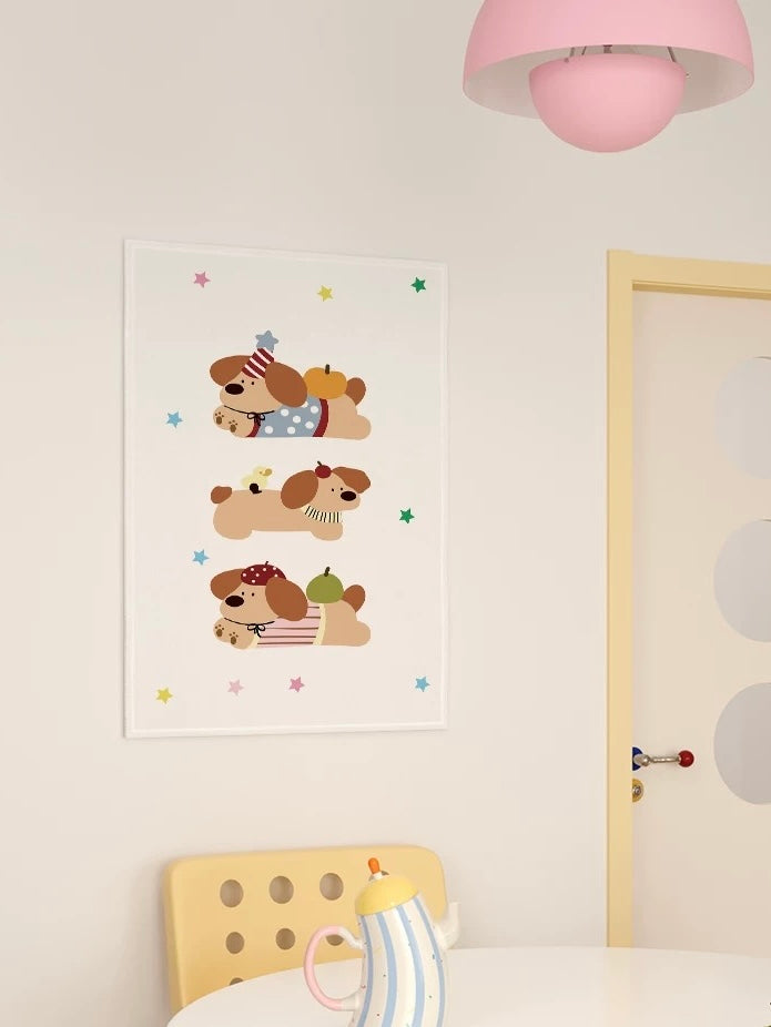A three dog tapestry places cartoon puppies in a vertical row among small pink, blue, yellow and green stars.