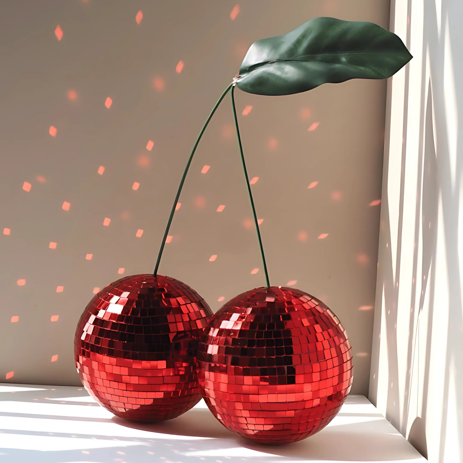 Pastel corner with cherry disco balls reflecting light