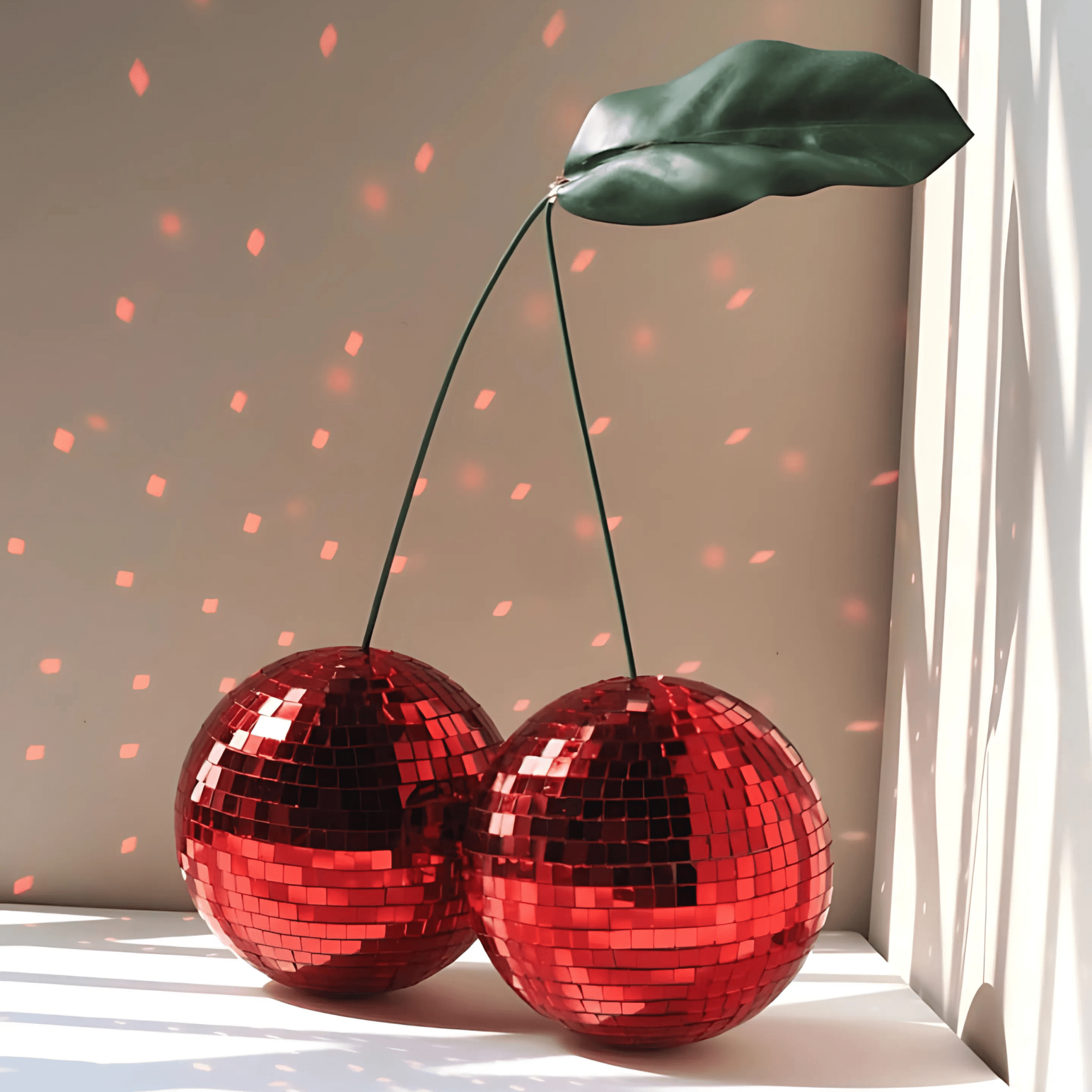 Pastel corner with cherry disco balls reflecting light